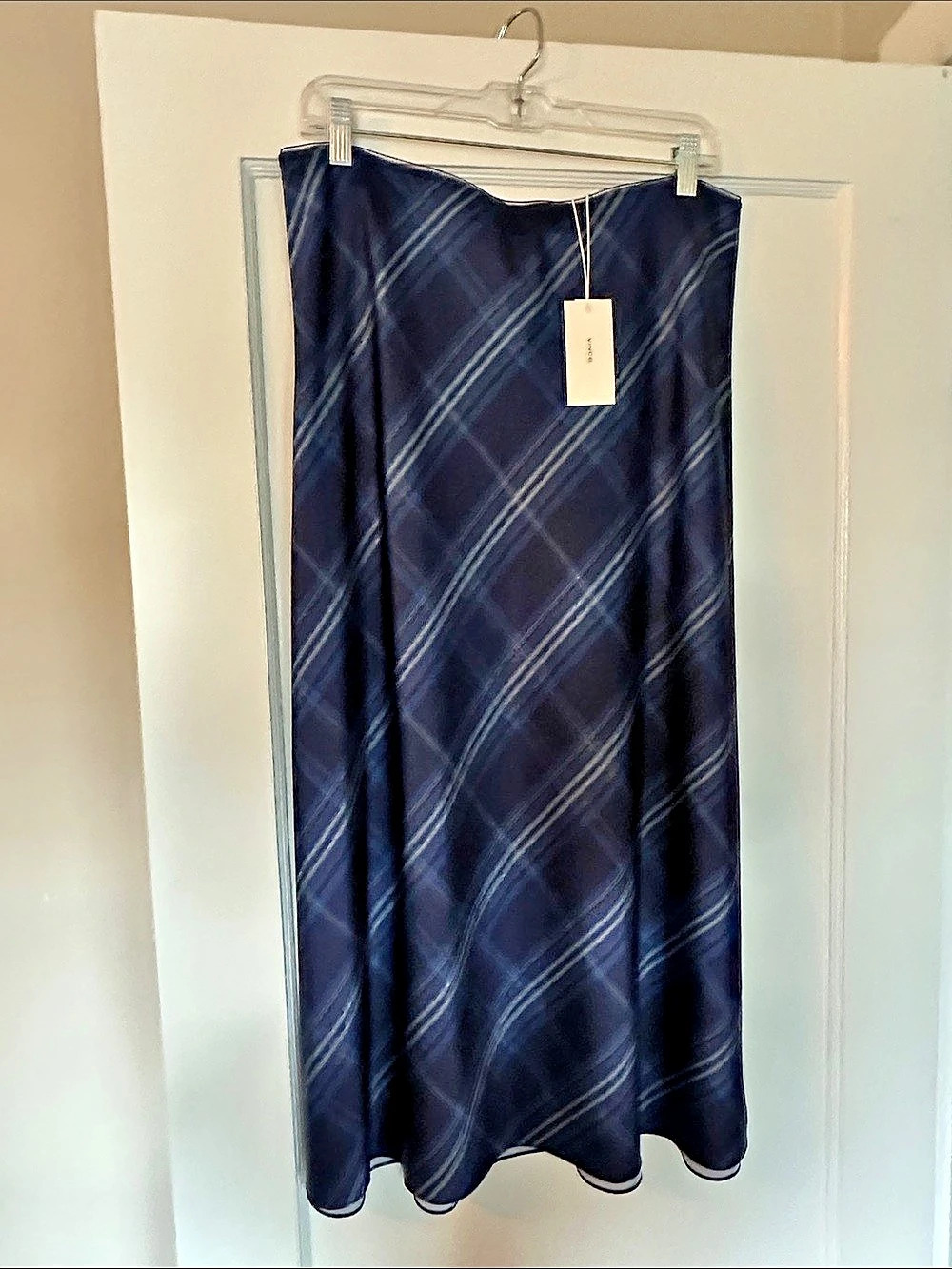 Vince. Pressed Plaid Satin Slip Skirt. Blue & Black Large